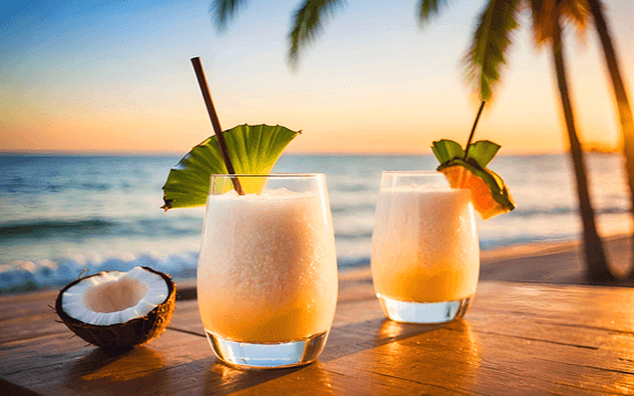 나무 탁자에 시원한 음료수 2잔이 있다. 코코넛이 들어있고 맞은편에는 바다가 보인다.