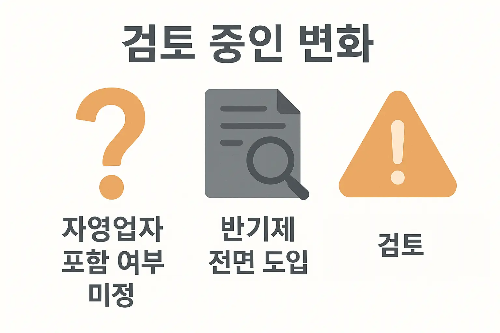 자녀장려금 2025년 제도 개편에서 검토 중인 사항을 보여주는 인포그래픽으로 자영업자 포함 여부, 반기제 전면 도입 가능성, 기타 검토 사항 등을 정리한 변화 예정 내용 안내