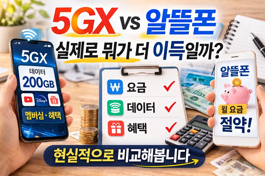 5GX 요금제와 알뜰폰 요금제를 요금, 데이터, 혜택 기준으로 비교하며 어떤 선택이 더 이득인지 설명하는 이미지