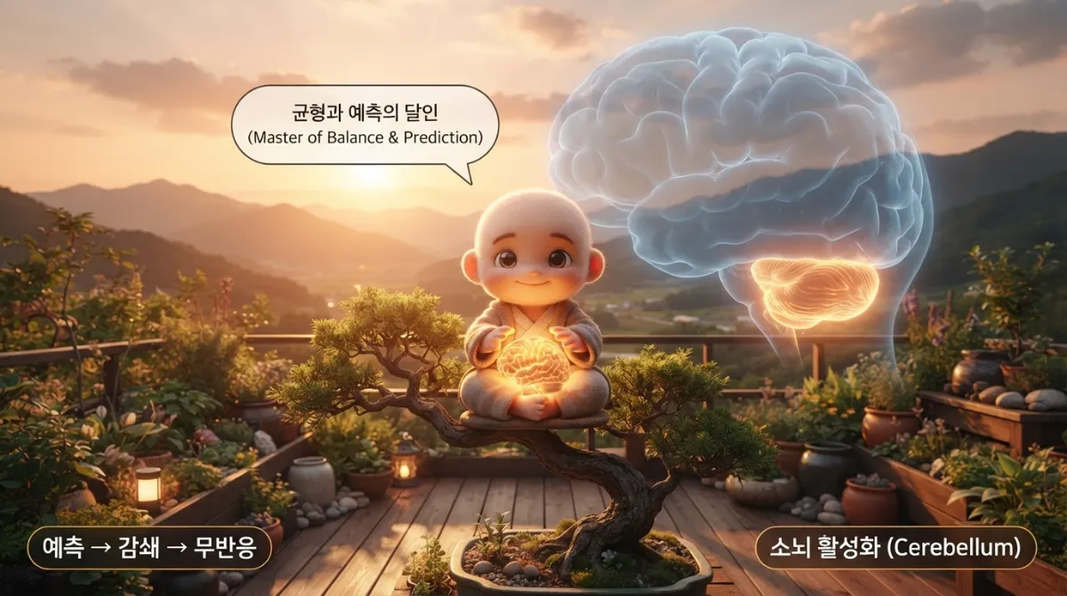 골든아워 옥상 정원에서 미니미 캐릭터가 분재 위 소뇌 모양 골드-오렌지색 랜턴에 양손을 살짝 얹고 명상하는 장면. 뒤쪽 산 풍경 위에 반투명 인간 뇌 윤곽이 겹쳐 보이고 후두엽 아래 소뇌만 골드-오렌지로 환하게 빛남