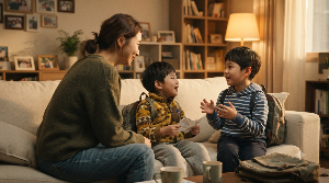 부모가 체험학습을 마친 아이의 이야기를 경청하는 모습