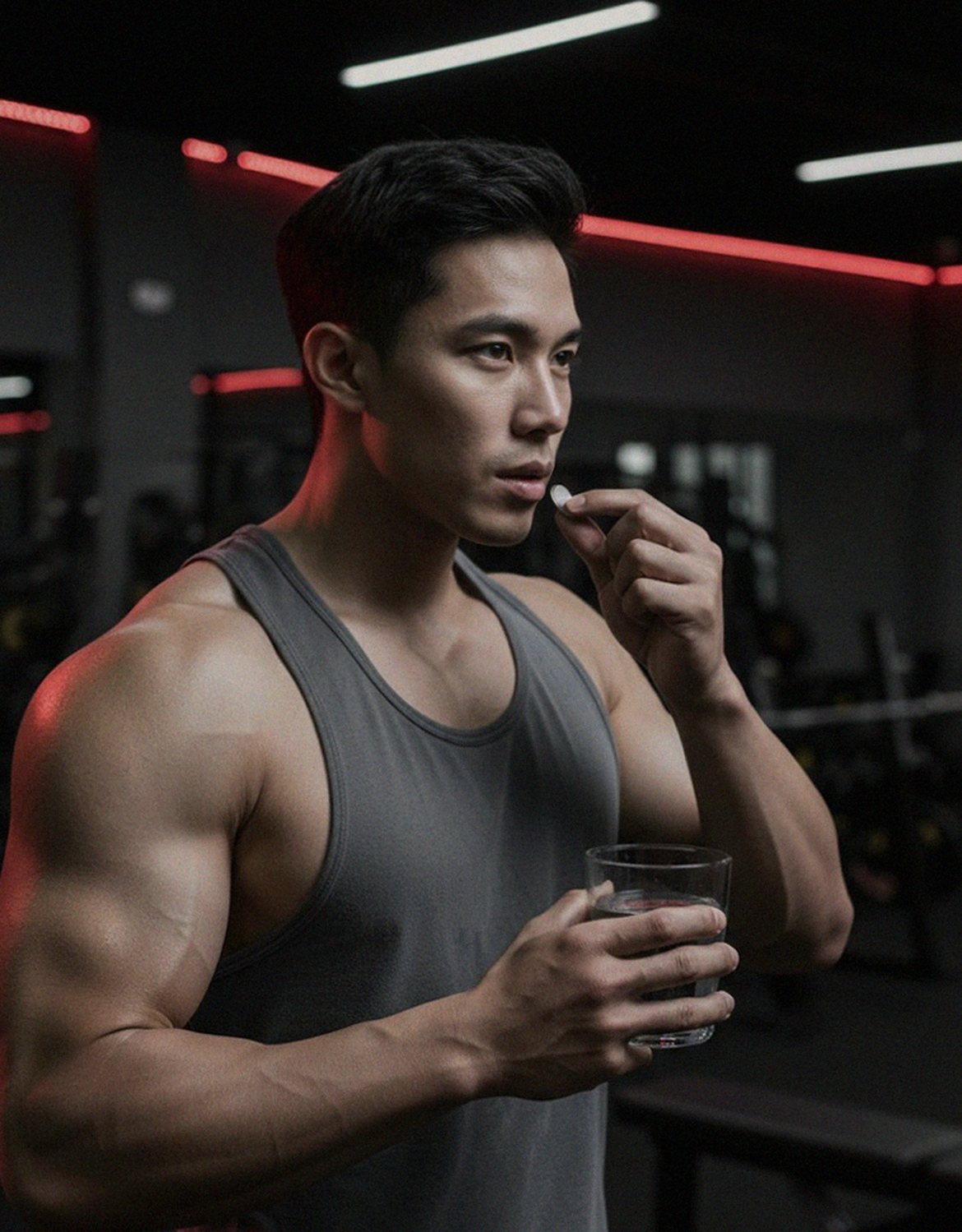 Korean Asian man in 40s waking up refreshed in morning