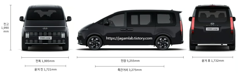 더 뉴 스타리아 라운지 전장, 전폭, 전고, 축거, 윤거 전후 제원