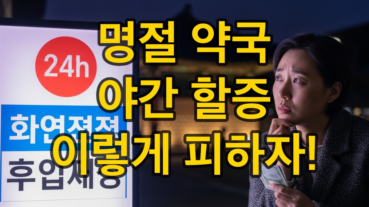 명절 밤, 24시간 약국 간판을 보며 약값 걱정하는 사람의 모습