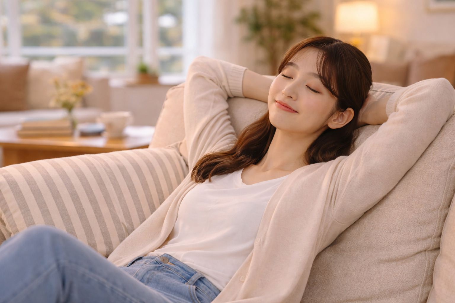 거실에서 소파에 앉아 편안하게 휴식을 취하고 있는 엄마의 모습