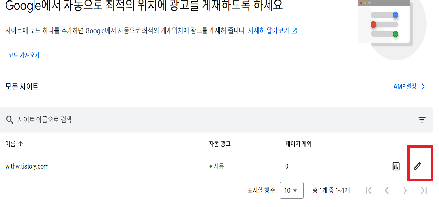 도메인 오른쪽 끝에 수정 버튼