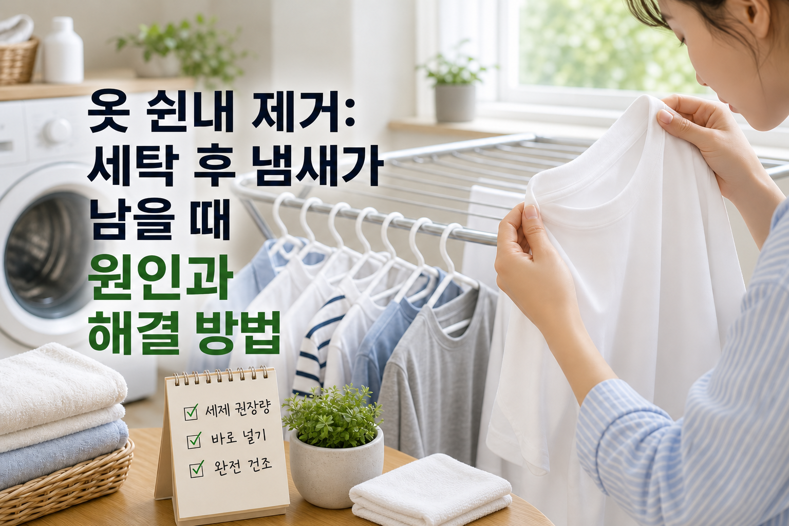 세탁기와 건조대 앞에서 흰 티셔츠의 냄새를 맡는 장면
