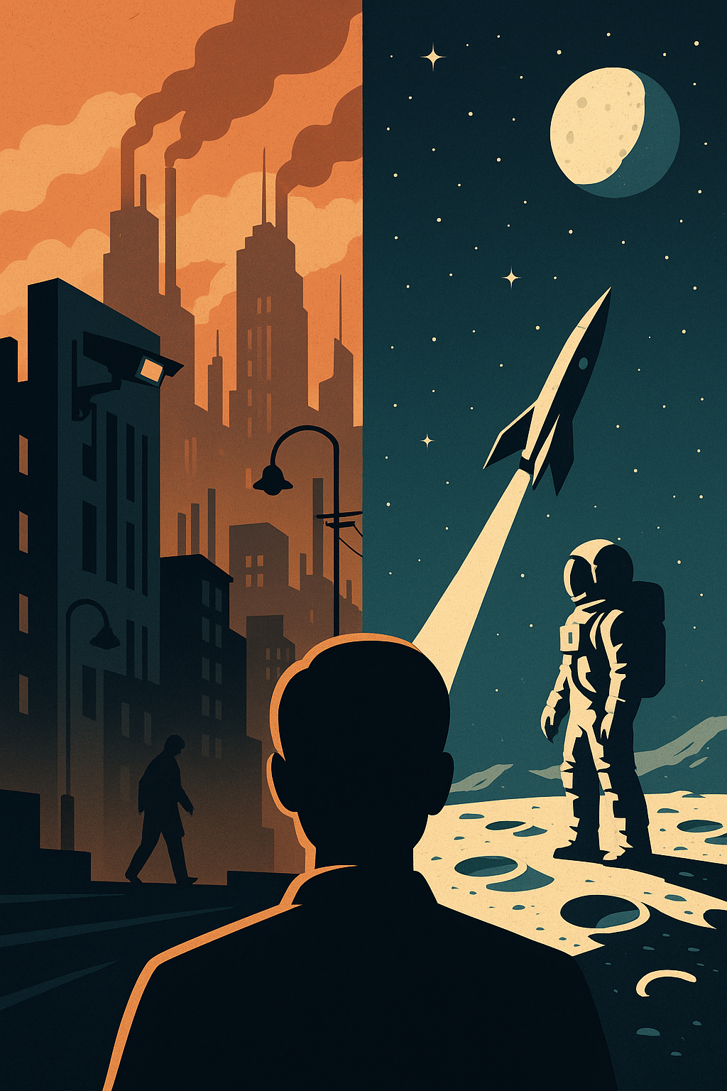 SF 영화가 제시하는 두 가지 미래상을 대비한 일러스트