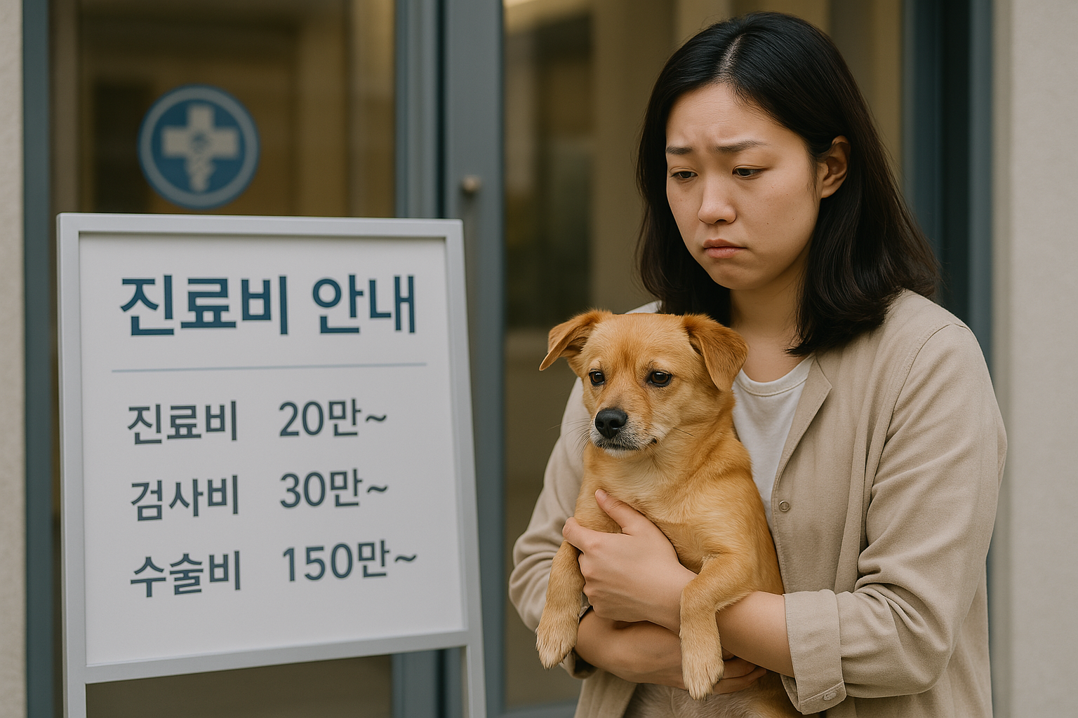 동물병원 앞에서 걱정스러운 표정으로 강아지를 안고 있는 보호자