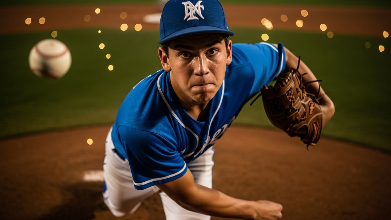 마운드에서 정교한 제구력을 선보이는 젊은 투수가 투구하는 모습