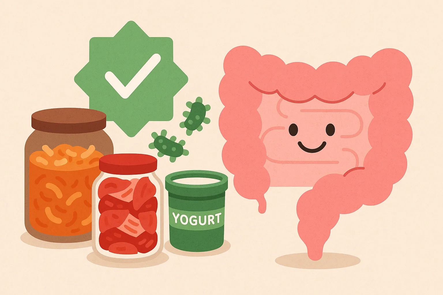 발효식품이-장-건강에-주는-긍정적-영향을-상징적으로-표현한-일러스트-이미지로-김치-요구르트-된장과-건강한-장기를-묘사