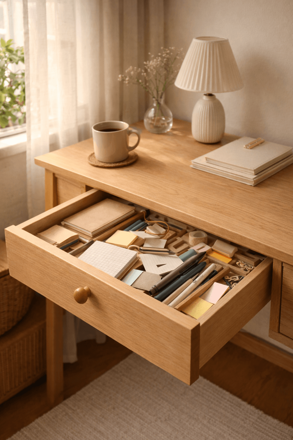 책상 서랍을 열어 생활용품을 확인하며 정리를 시작하는 일상 장면