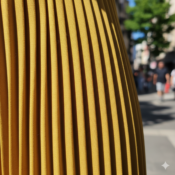 플리츠 팬츠의 촘촘한 주름 디테일 클로즈업 사진