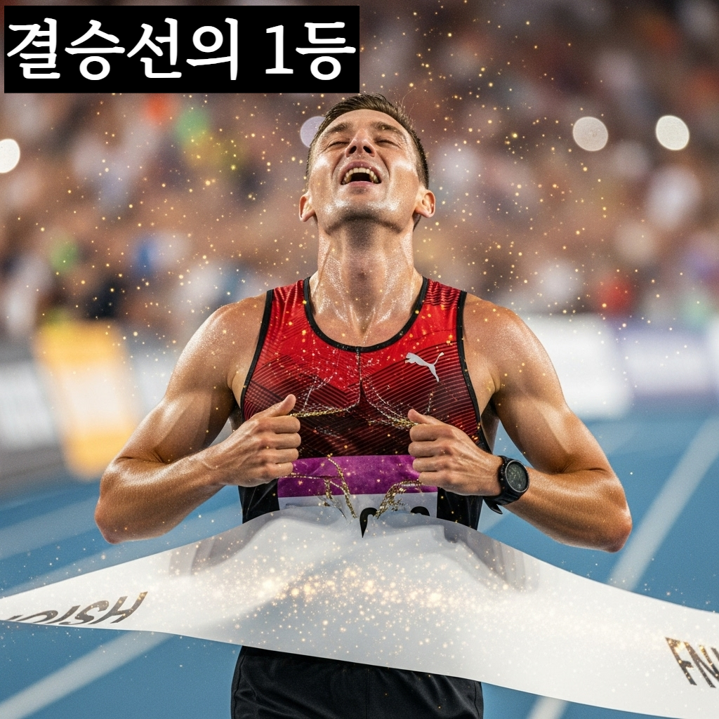 한국인 육상 선수가 환희에 찬 표정으로 결승선을 1등으로 통과하며 두 팔을 번쩍 들어 올린 승리의 순간 일러스트