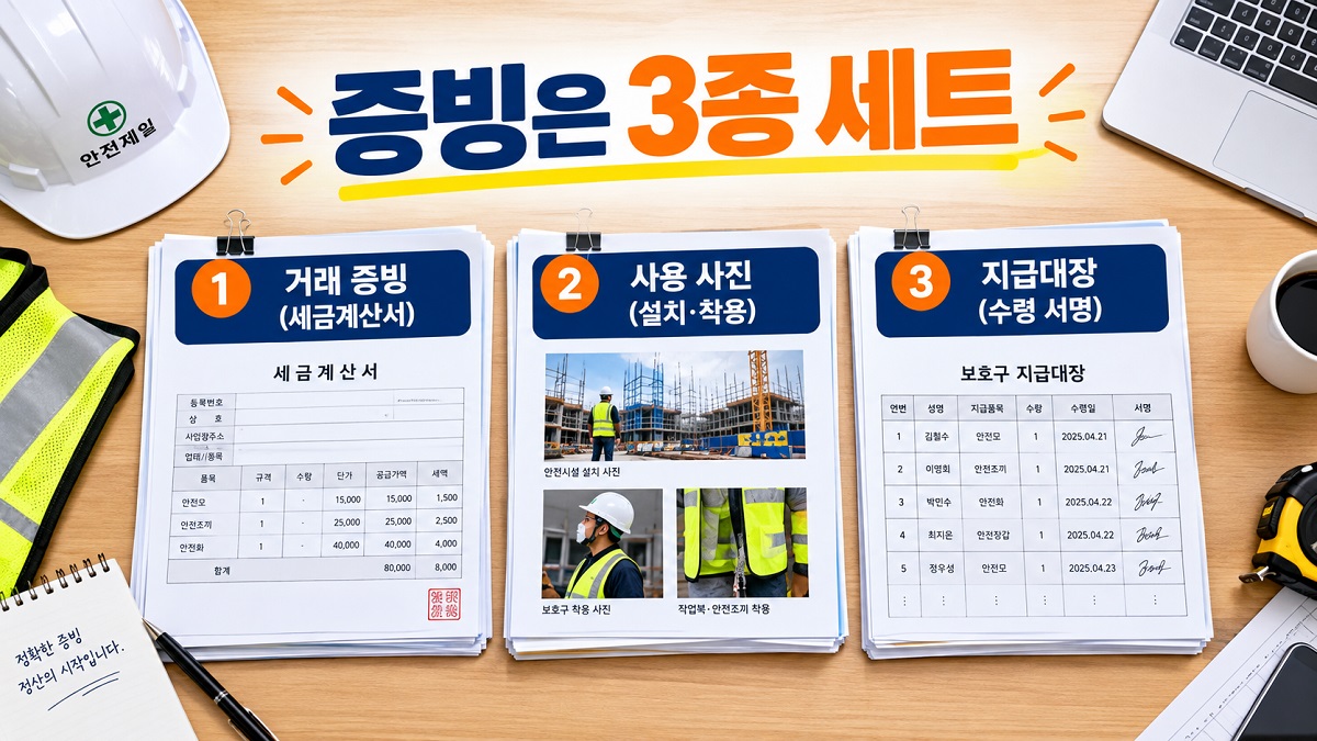 산업안전보건관리비 증빙자료로 세금계산서, 사용 사진, 지급대장을 함께 갖춘 구성