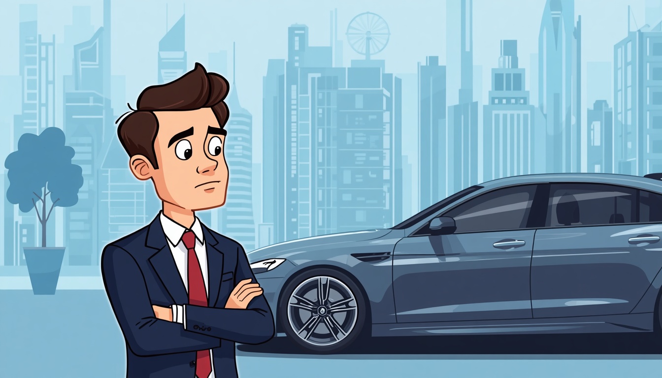 A webtoon-style illustration of an individual thoughtfully considering automotive choices and investment opportunities.