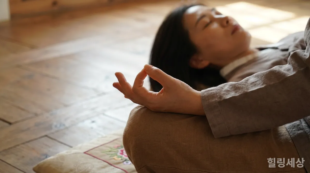 명상 자세를 취한 한국 여성의 손과 평온한 얼굴