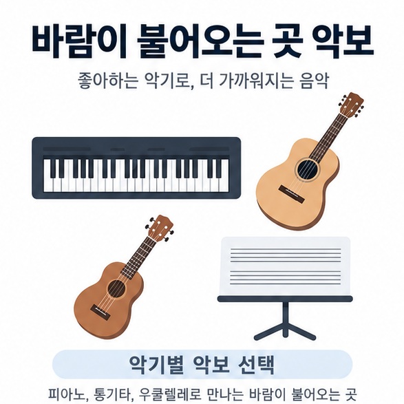 바람이 불어오는 곳 악보 문구와 피아노 통기타 우쿨렐레 악보를 함께 보여주는 대표 음악 교육 인포그래픽