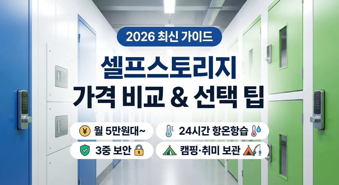 2026년 최신 셀프스토리지 가격 비교 및 선택 가이드 썸네일 이미지. 깨끗하고 현대적인 셀프스토리지 시설 복도를 배경으로, '2026 최신 가이드', '셀프스토리지 가격 비교 & 선택 팁'이라는 큰 제목과 함께 '월 5만원대~', '24시간 항온항습', '3중 보안', '캠핑·취미 보관' 등의 핵심 특징이 아이콘과 텍스트로 일목요연하게 정리되어 있습니다.