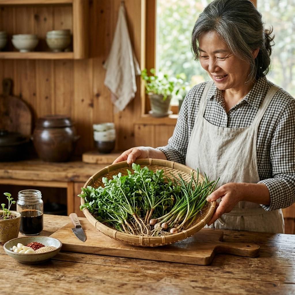 갓 수확한 신선한 냉이와 알싸한 달래가 바구니에 정갈하게 담겨 있는 주방의 모습