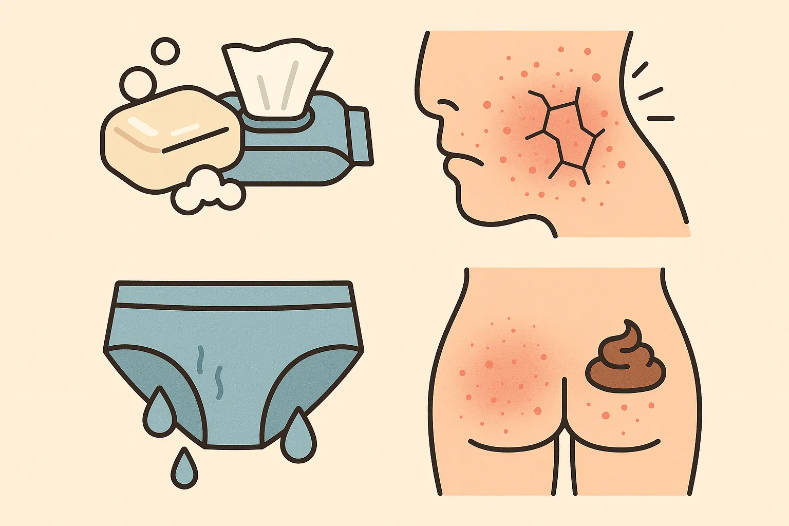 비누와 물티슈 아이콘, 건조한 피부, 땀으로 젖은 속옷, 배변 잔여물