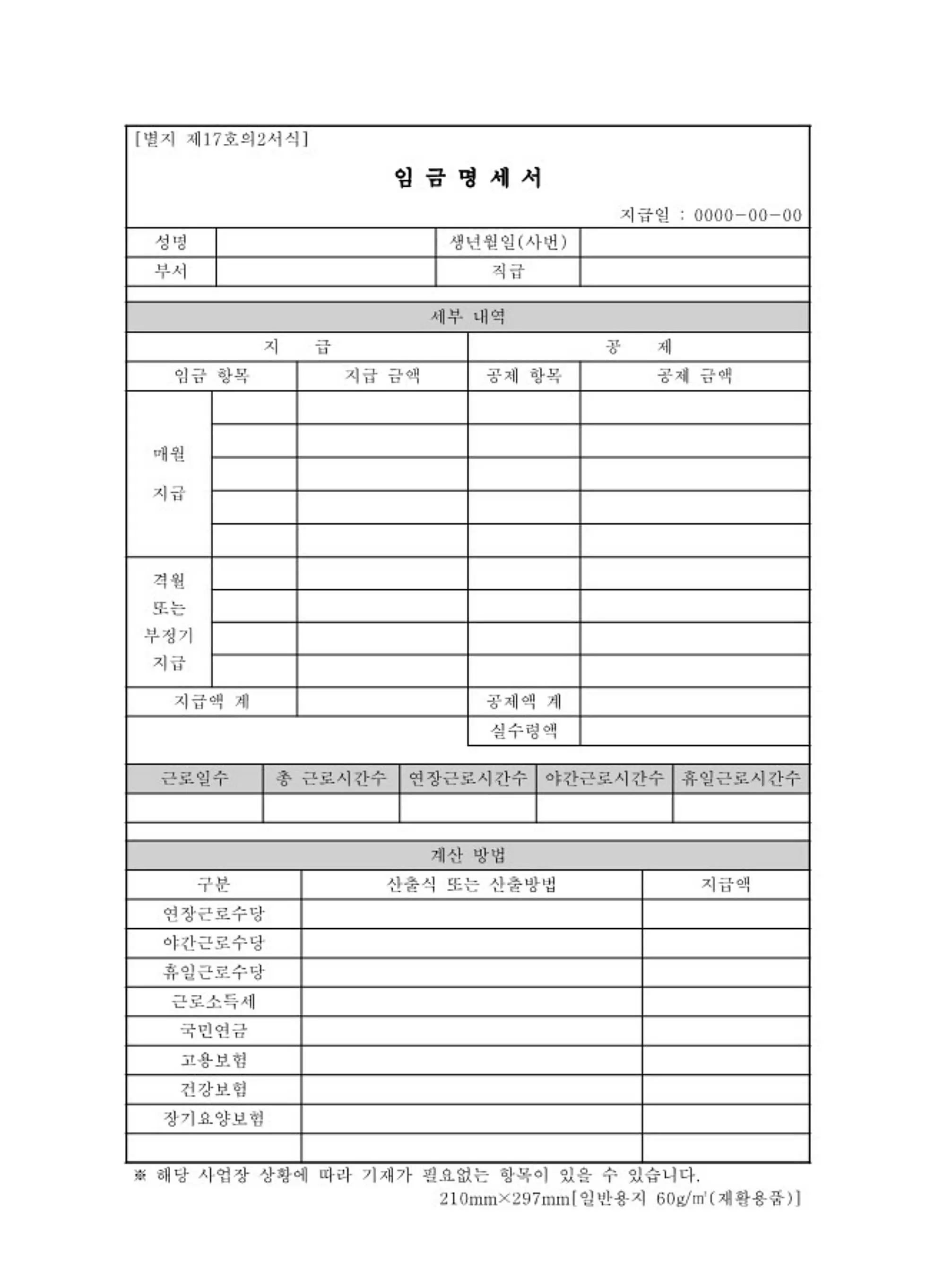 임금명세서 양식 및 포함되어야 하는 내용