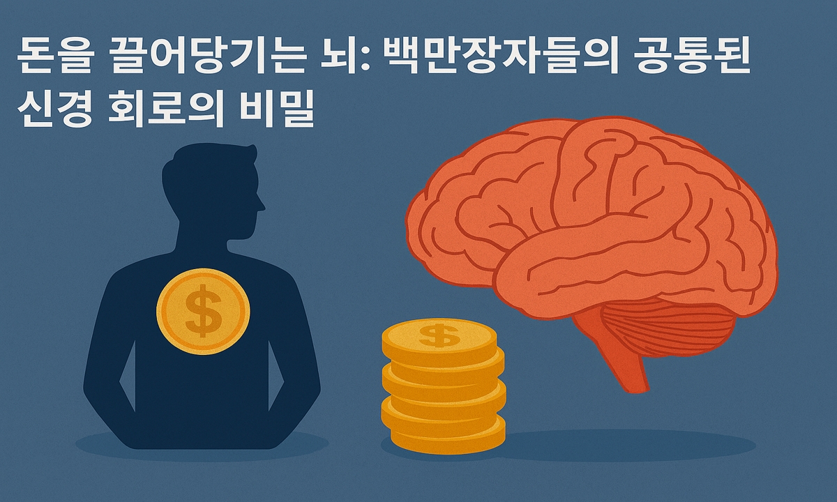 이 이미지는 돈과 뇌의 연결성을 상징적으로 표현한 일러스트로, 중앙에는 밝게 빛나는 뇌와 그 주위를 감싸는 금색 동전과 그래프가 배치되어 있다. 이는 백만장자들이 사용하는 &lsquo;돈을 끌어당기는 뇌 회로&rsquo;를 시각적으로 강조하며, 뇌과학 기반 부의 사고방식을 함축한다.