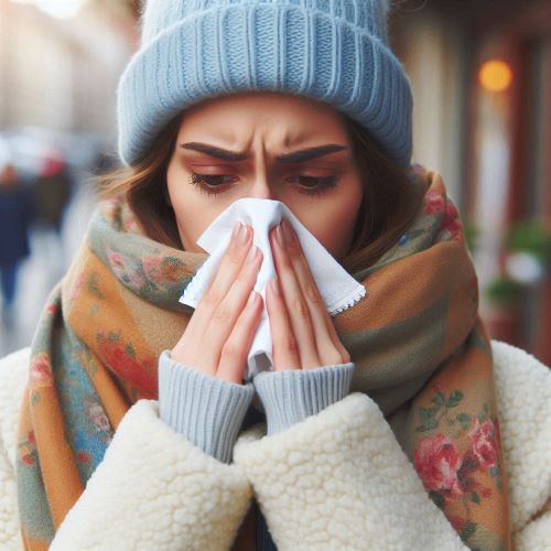 목도리를 한 한랭 알레르기비염 환자가 추운 날 길을 걷다가 콧물을 흘리고 있다.