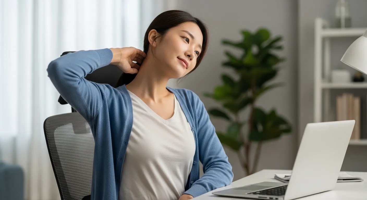 재택근무 중 의자에 앉아 편안하게 목 스트레칭을 하는 젊은 한국 여성의 모습. 건강한 홈 오피스 환경을 강조합니다.