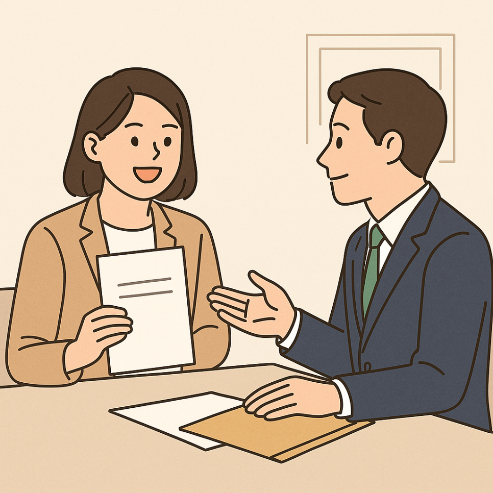 남성과 여성이 신용 대출에 대한 상담을 하는 이미지.