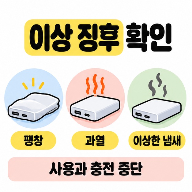 팽창, 과열, 이상한 냄새를 배터리 그림으로 보여 주며 사용과 충전 중단을 안내한 도식