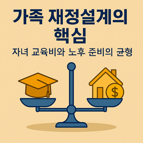 가족 재정설계의 핵심으로 자녀 교육비와 노후 준비의 균형을 강조한 썸네일 이미지로, 학사모와 집 아이콘이 각각 저울 위에 올려진 균형 잡힌 재정계획 일러스트