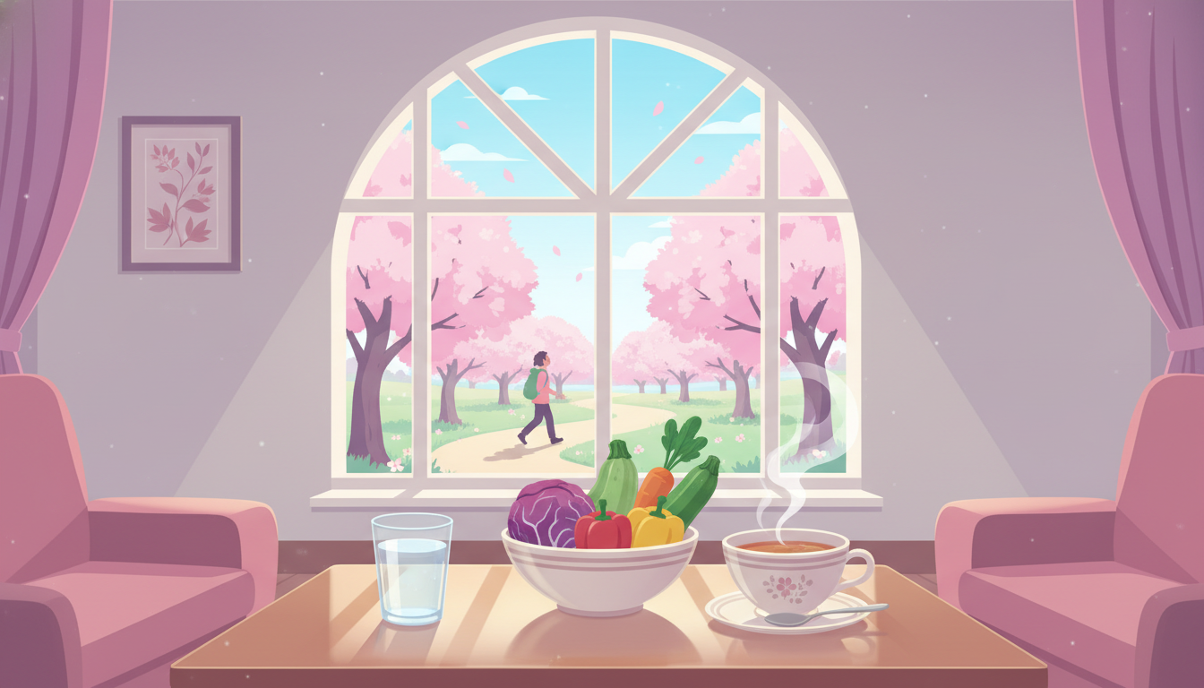 봄날의 풍경과 함께 건강한 차, 물, 채소가 차려진 평화로운 장수 습관 이미지