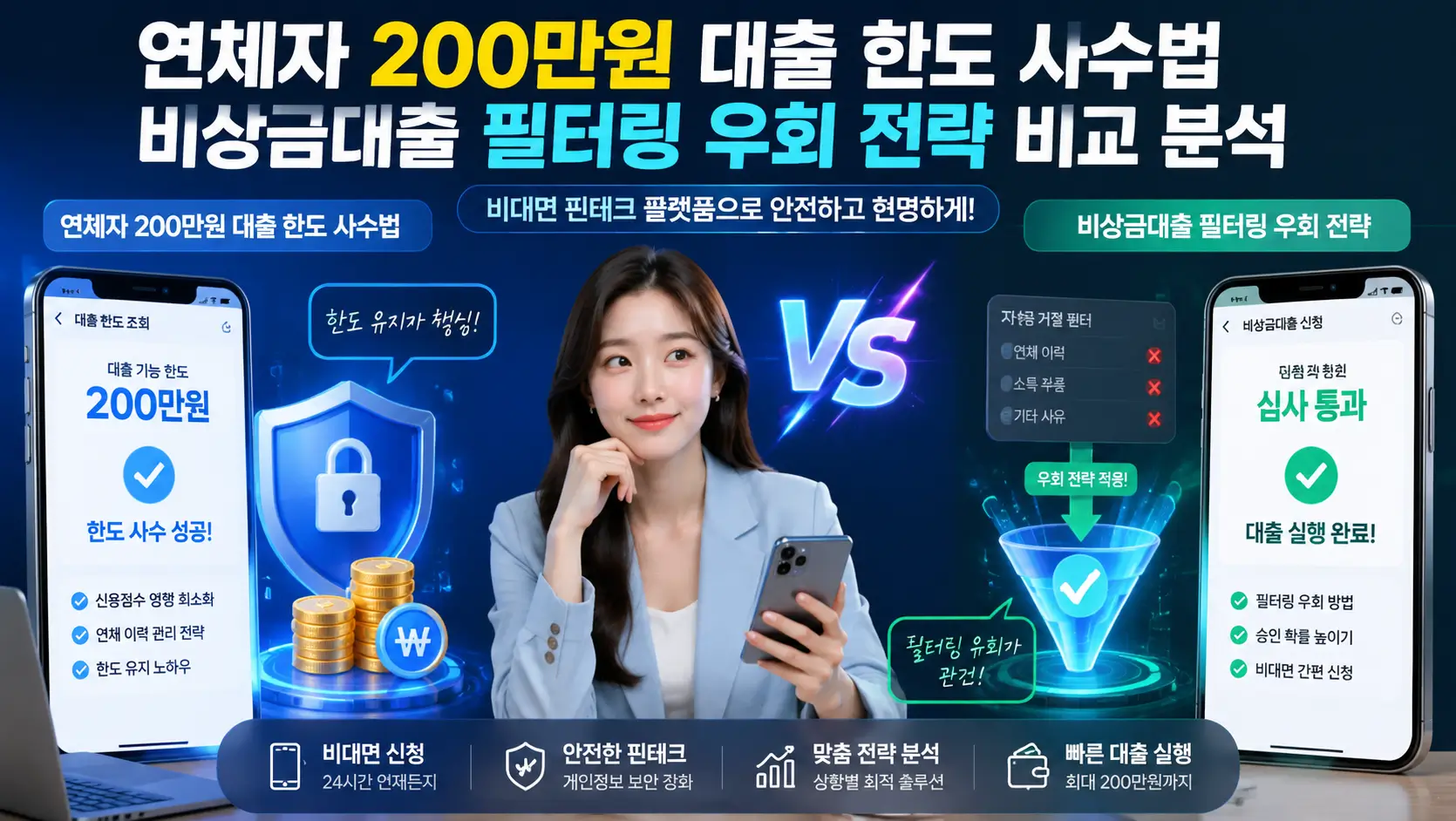 연체자 200 만원 대출 한도 사수법과 비상금대출 필터링 우회 전략을 비대면 핀테크 플랫폼으로 비교 분석하는 모습
