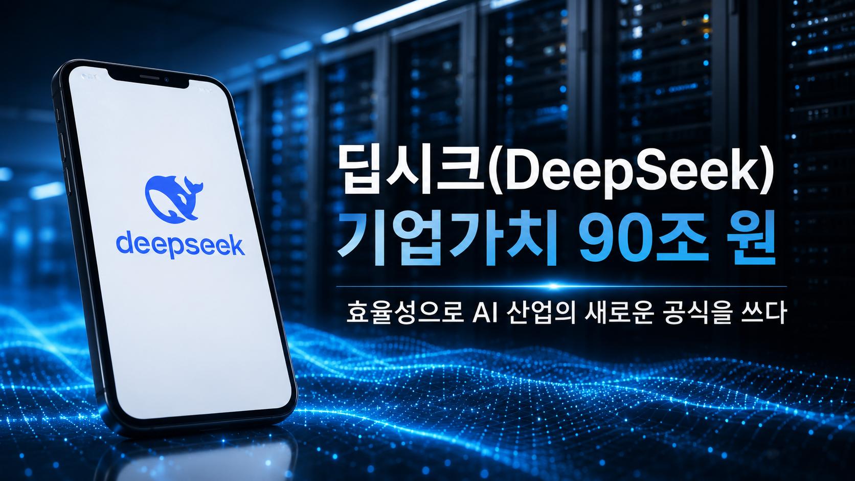 DeepSeek smartphone logo displayed in front of a modern data center, representing the company's rapid rise, AI innovation, and efficiency-driven growth strategy.