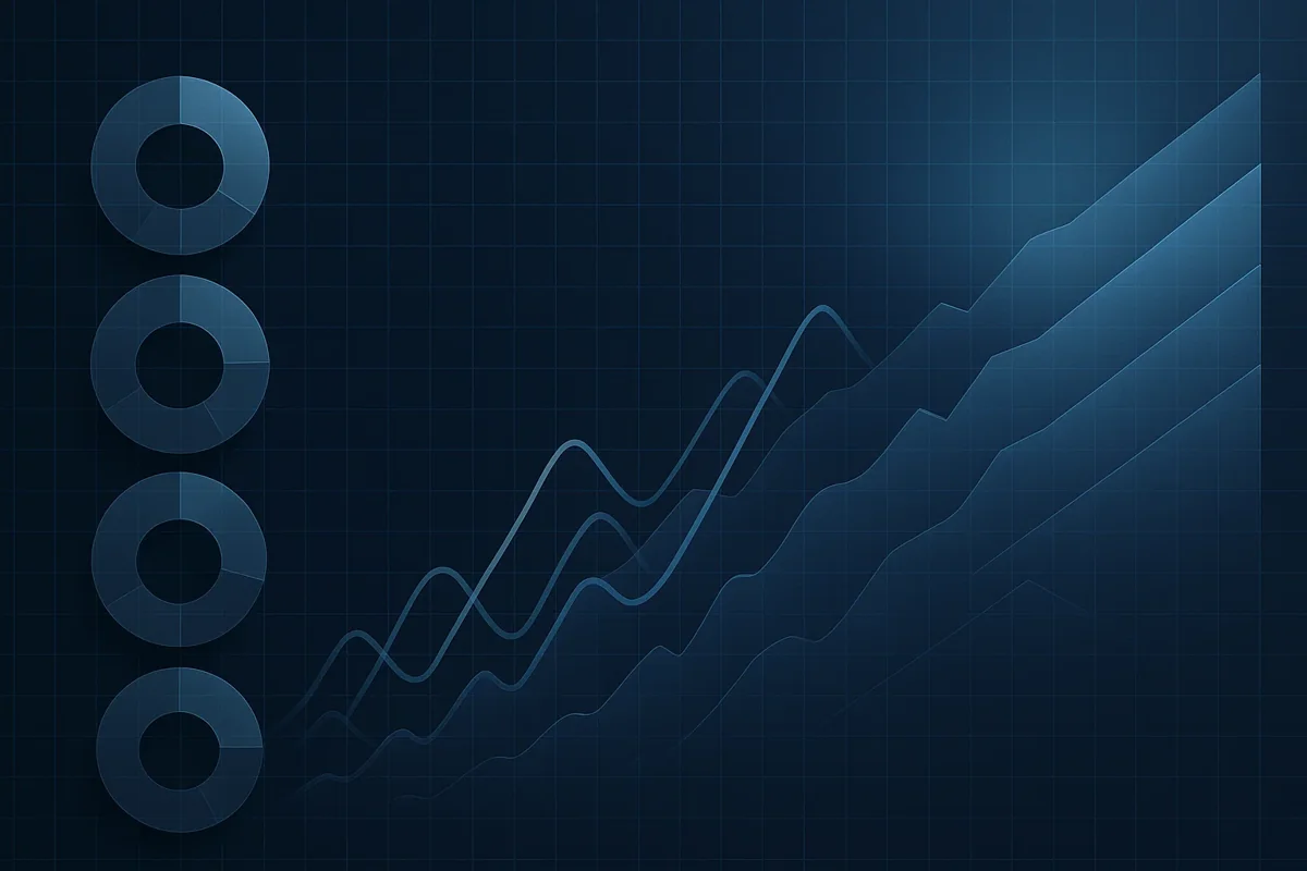 ETF 투자 차트와 포트폴리오 분산을 보여주는 전문적이고 신뢰감 있는 금융 대시보드 이미지