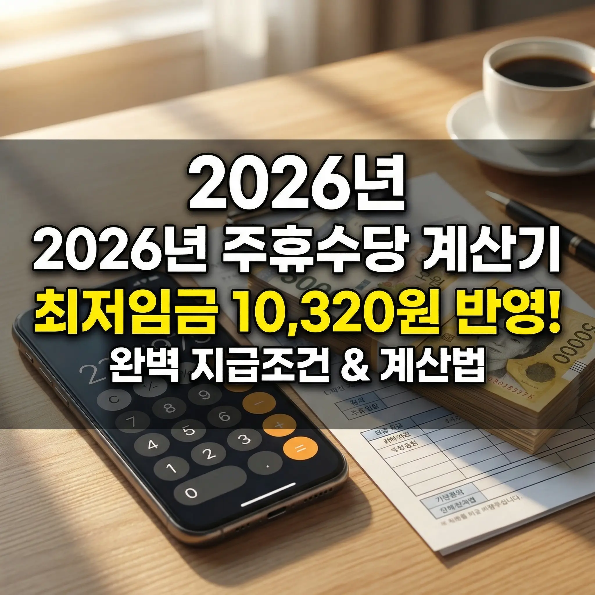 2026년 주휴수당 계산기 안내 썸네일 이미지. 테이블 위에 스마트폰 계산기 앱과 5만원권 지폐 뭉치, 급여 명세서, 커피 한 잔이 놓여 있는 배경임. 이미지 중앙에는 흰색과 노란색의 굵은 글씨로 '2026년 주휴수당 계산기, 최저임금 10,320원 반영!, 완벽 지급조건 & 계산법'이라는 문구가 강조되어 있음.