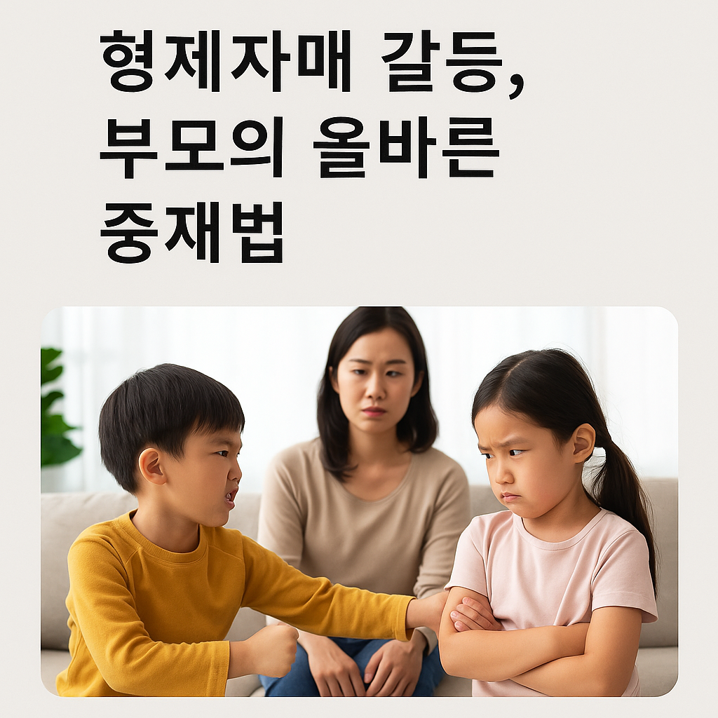 5세 남아와 7세 여아가 거실에서 다투는 장면. 남동생은 화가 나 손을 뻗고, 누나는 팔짱을 낀 채 뿌루퉁한 표정으로 앉아 있으며, 뒤에서 엄마가 걱정스럽게 아이들을 바라보고 있는 모습