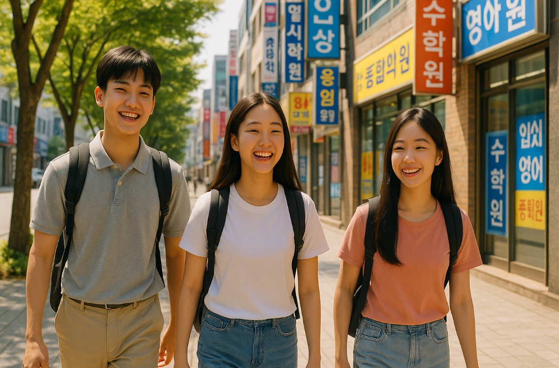 학원가 앞을 지나는 밝은 표정의 중학생들 모습