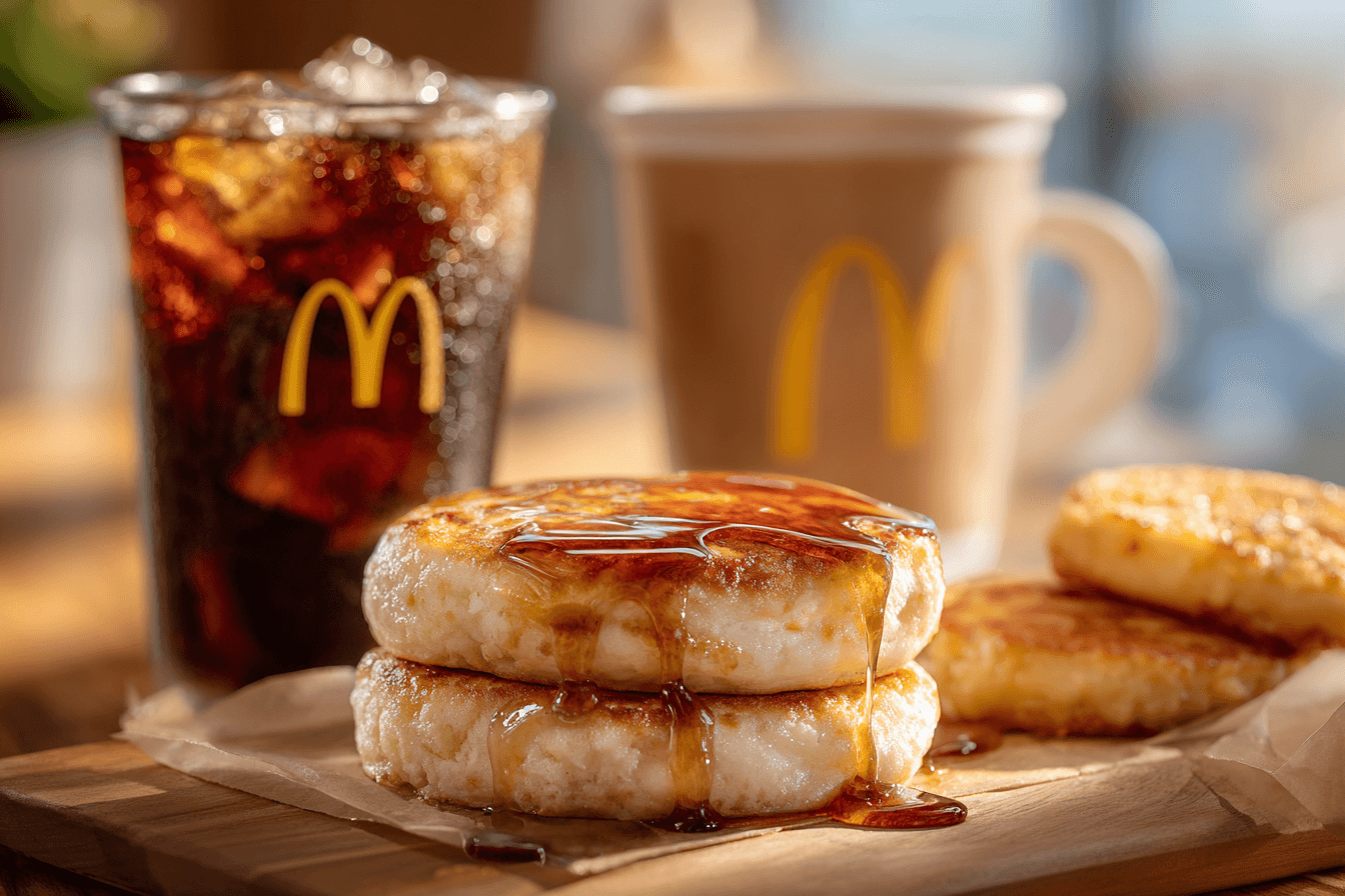 커피와-맥모닝-맥머핀에-시럽이-뿌려진-사진