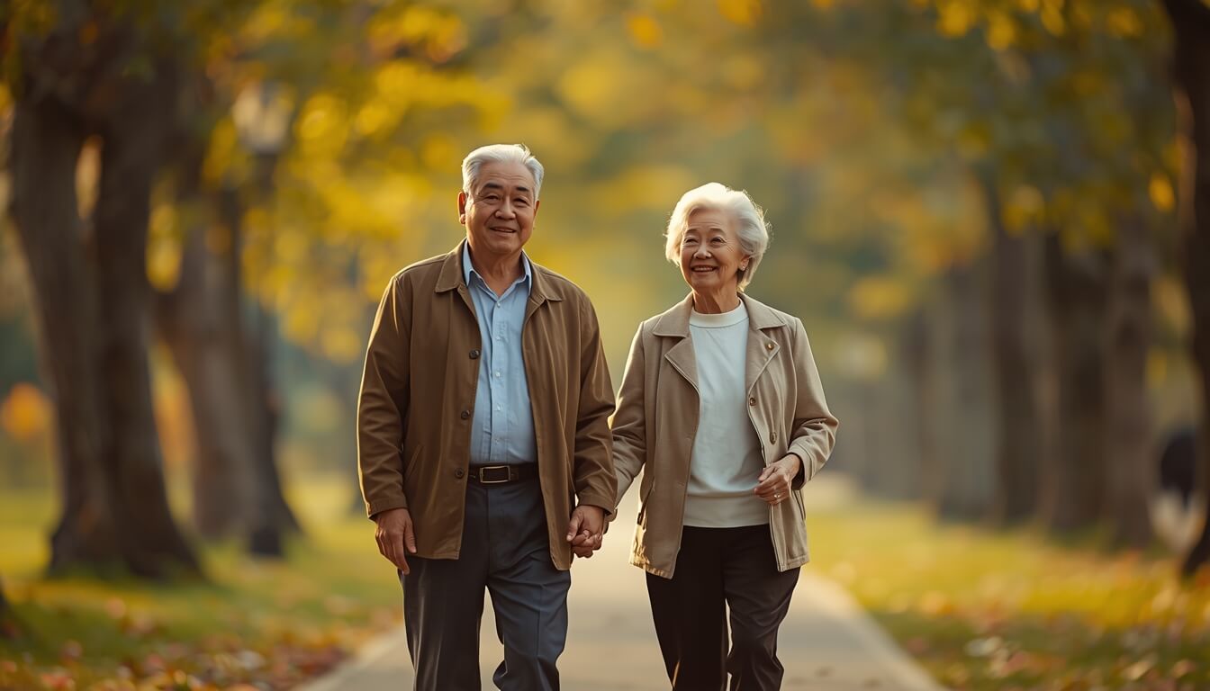 관절 건강을 유지하며 공원을 산책하는 아시아인 노부부