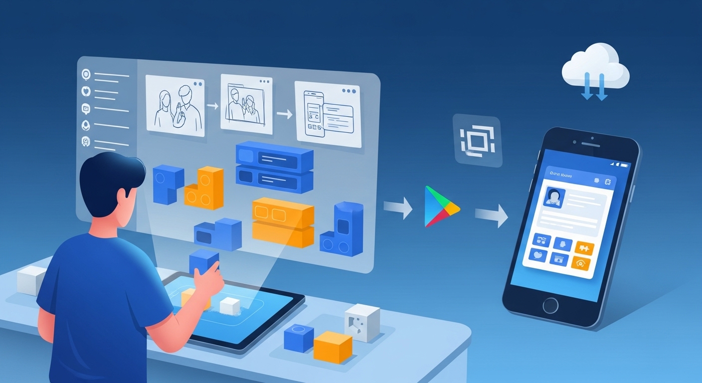 개발 지식 없이도 쉽게 앱을 만드는 노코드 개발 과정을 나타내는 그림. 사용자가 태블릿에서 블록을 조작하여 앱을 만들고, 완성된 앱이 스마트폰에 표시되는 모습.