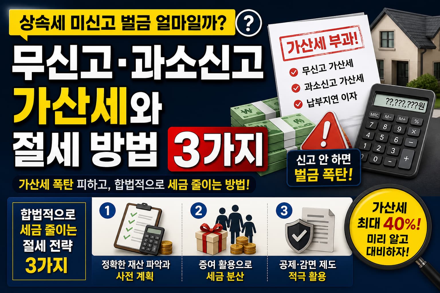 상속세 미신고 벌금과 무신고&middot;과소신고 가산세 및 절세 방법 3가지를 설명하는 썸네일 이미지