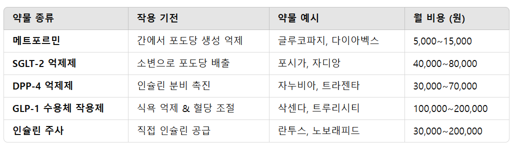 대표적인 당뇨 약물 &amp; 비용 (한 달 기준, 건강보험 적용 시)