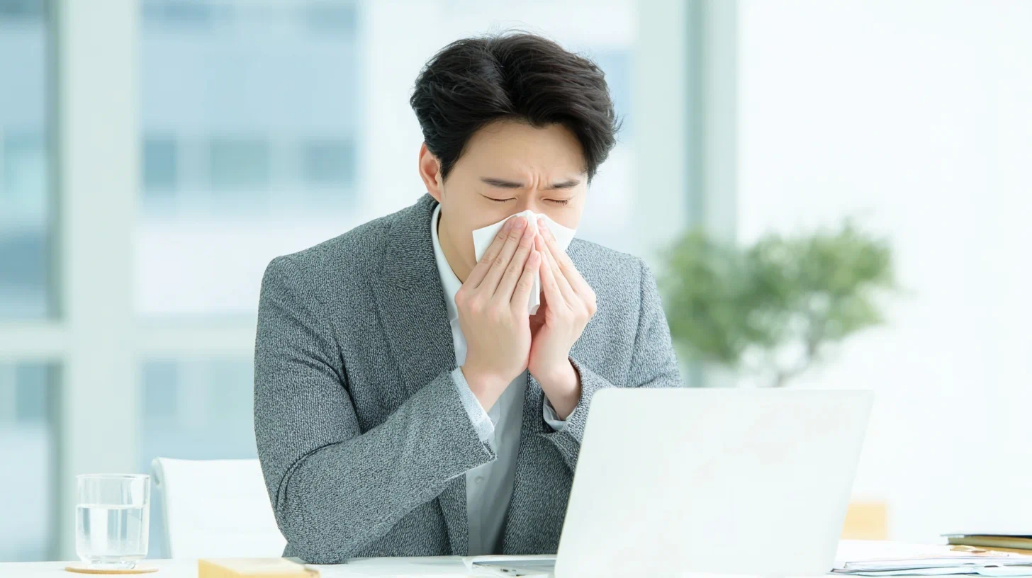 알레르기 증상으로 코를 훌쩍이는 사람 이미지