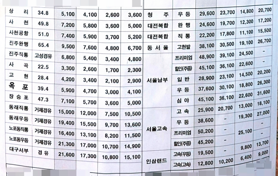 통영종합버스터미널 요금표 2