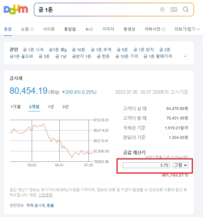 포털사이트에서 금 한돈 무게를 3.75g으로 보여주는 화면