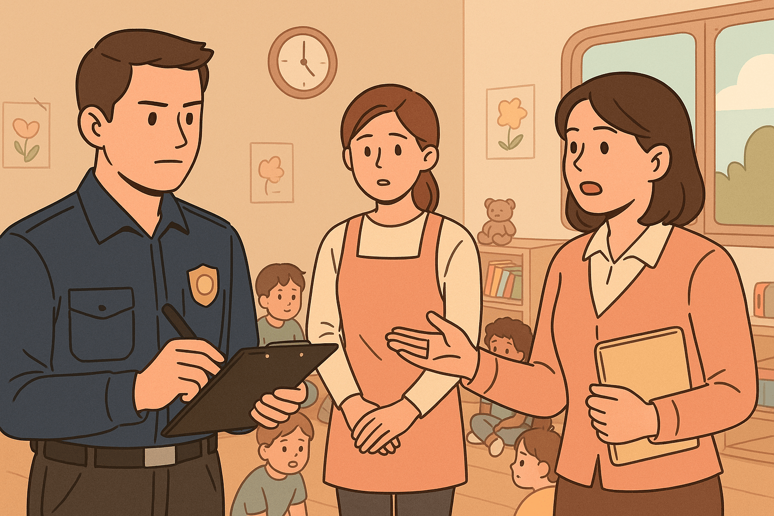 중대재해 조사관과 이야기나누는 어린이집 원장