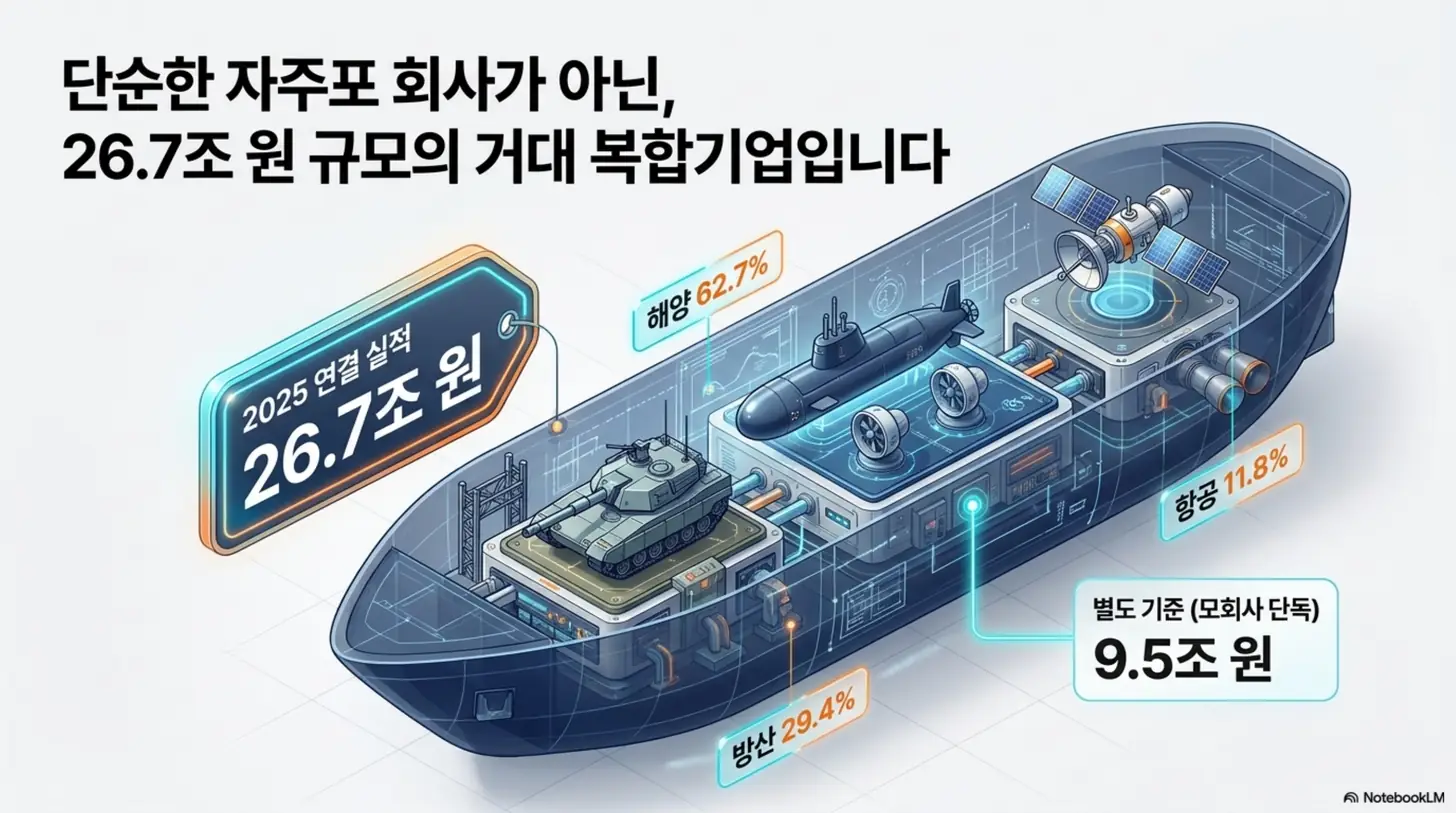 한화에어로스페이스 주가 전망: 한화에어로스페이스가 단순 자주포 회사가 아니라 2025년 연결 실적 26.7조 원 규모의 복합기업임을 함정 단면 그래픽으로 표현한 인포그래픽. 해양 62.7%, 방산 29.4%, 항공 11.8% 매출 비중과 별도 기준 9.5조 원을 보여주며, 한화에어로스페이스 사업 구조 분석을 설명함