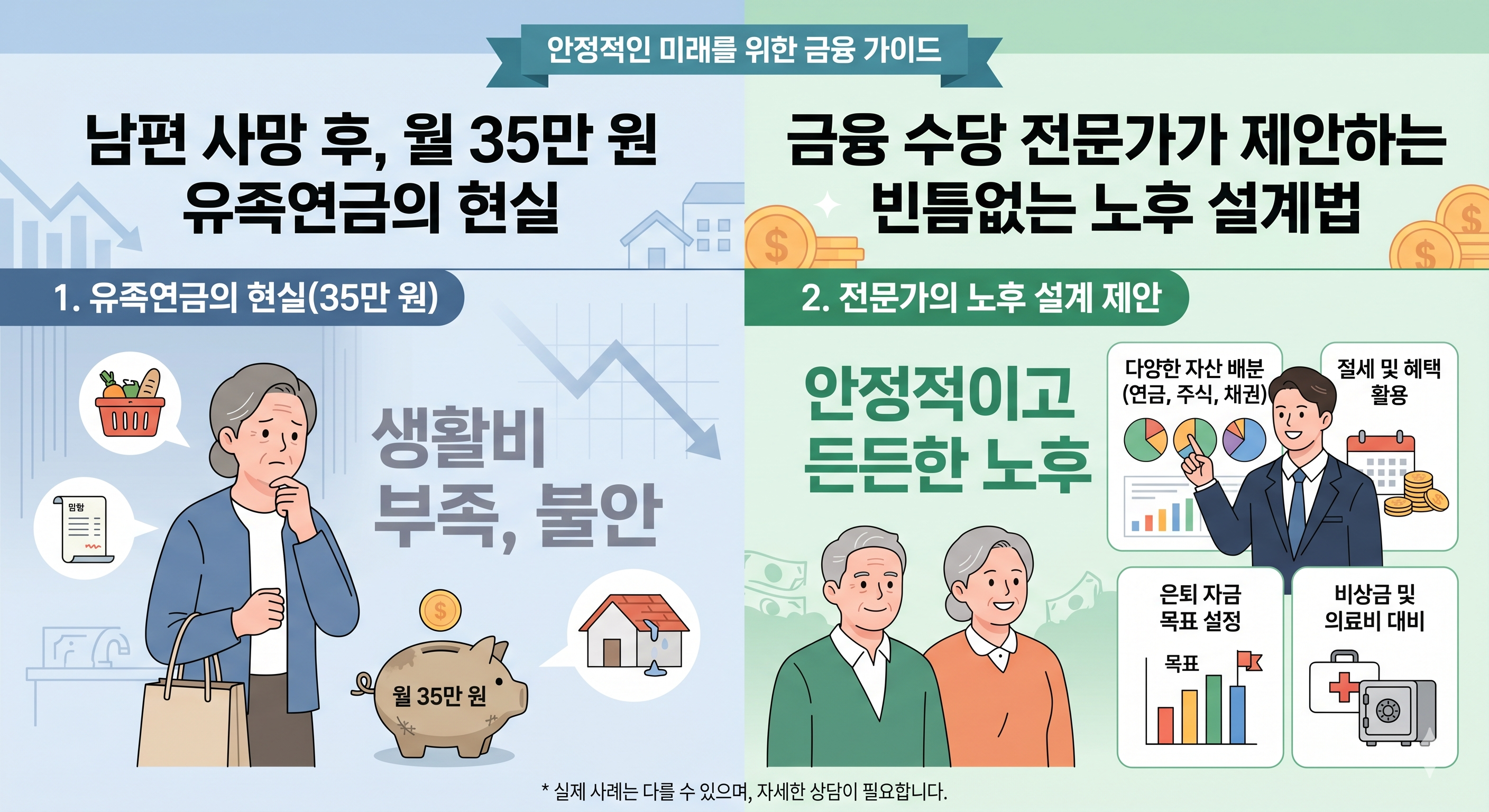 남편 사망 후 월 35만 원뿐인 유족연금의 현실과 금융 수당 전문가가 제안하는 빈틈없는 노후 설계법